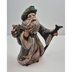 Vintage Hand Painted Ceramic Santa Wizard Style Rustic Green Robe Signed Fran 92